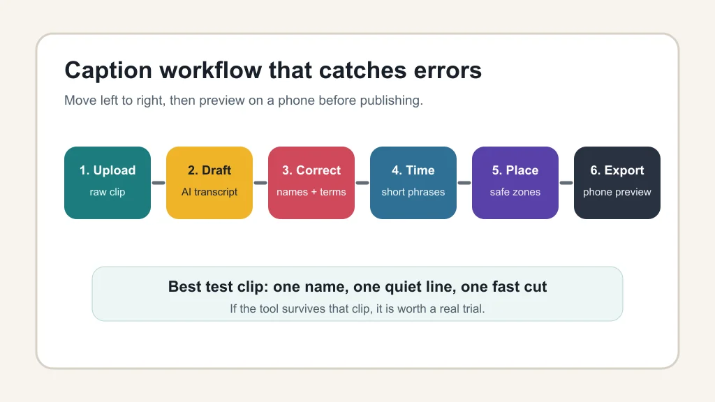 Six-step workflow for checking AI generated captions before publishing shorts