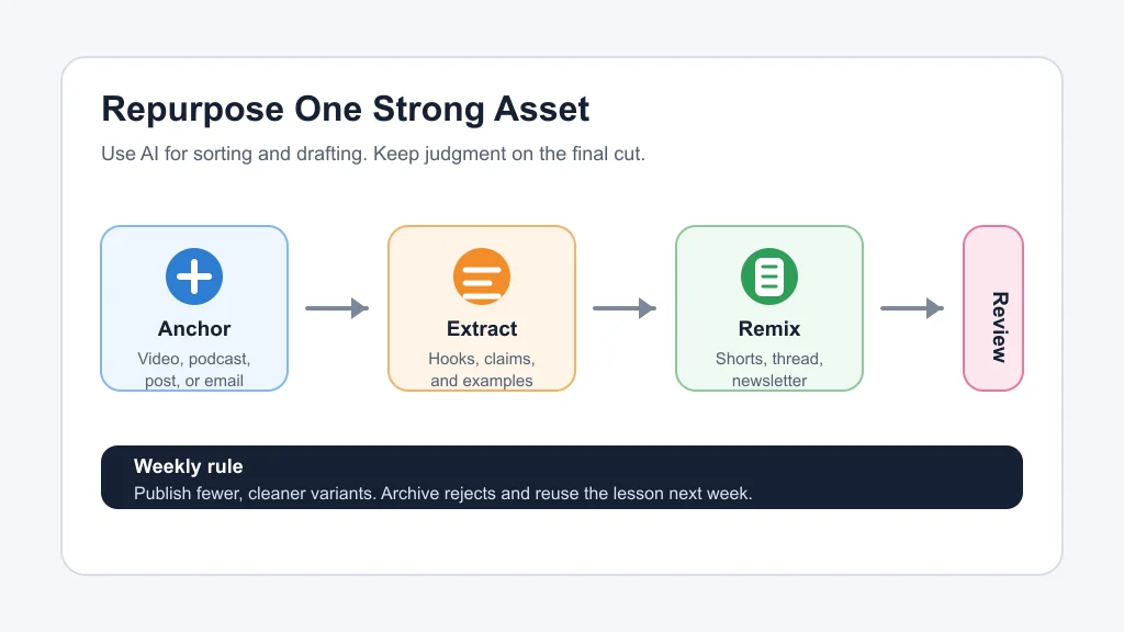 Workflow infographic showing a source asset becoming repurposed creator content through AI extraction, remixing, and review