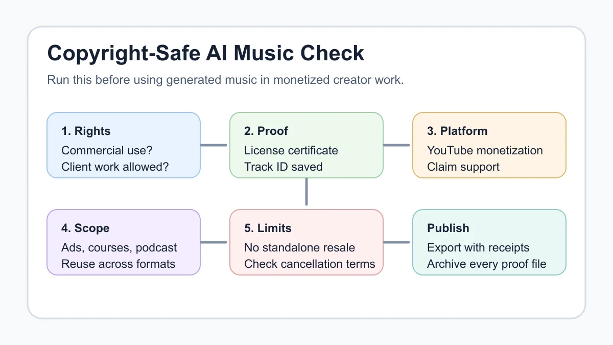 Decision matrix for checking AI music license safety before publishing creator content