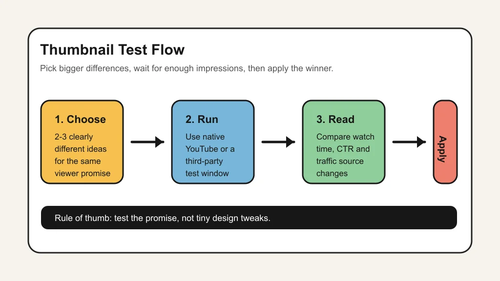 Four-step thumbnail testing workflow from choosing variants to applying the winner