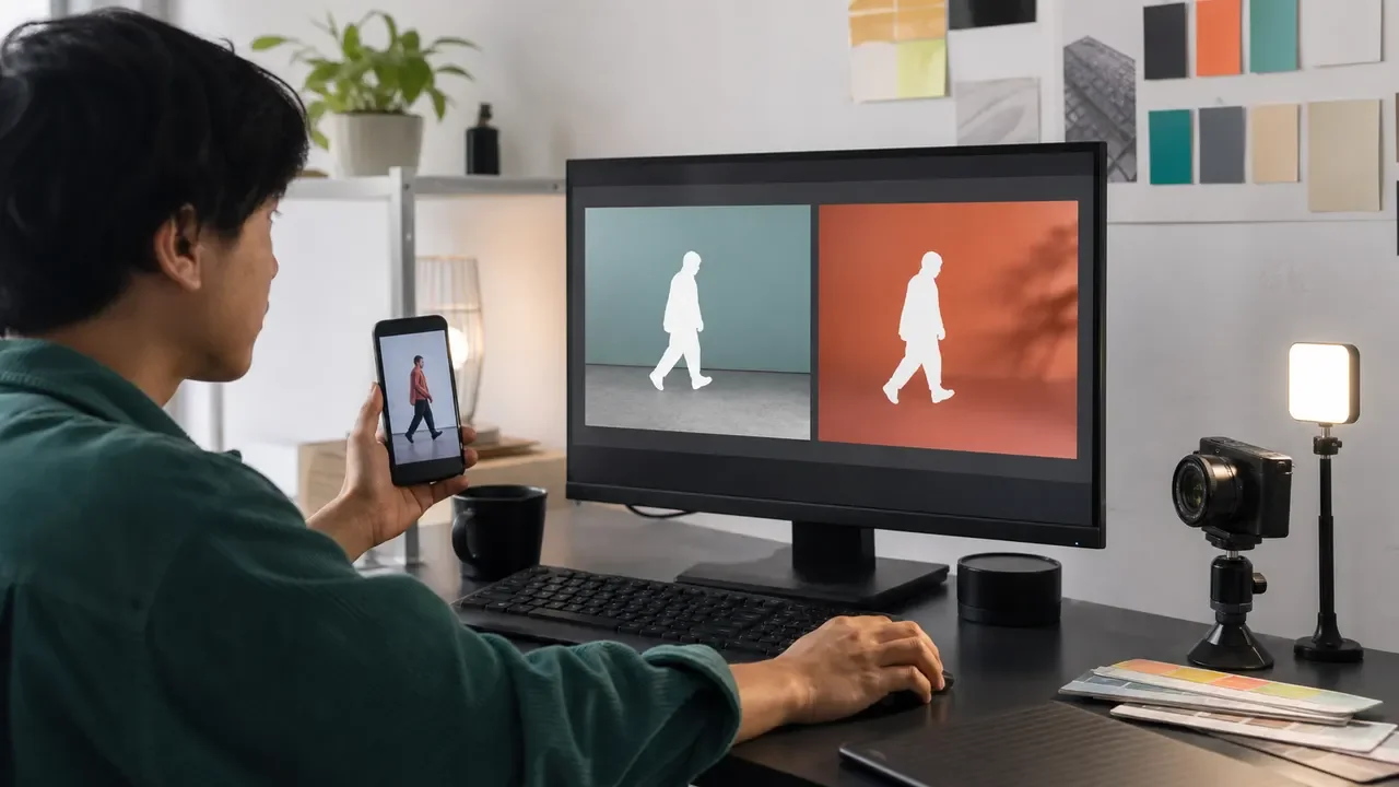 Creator comparing a video background replacement test on a monitor and phone