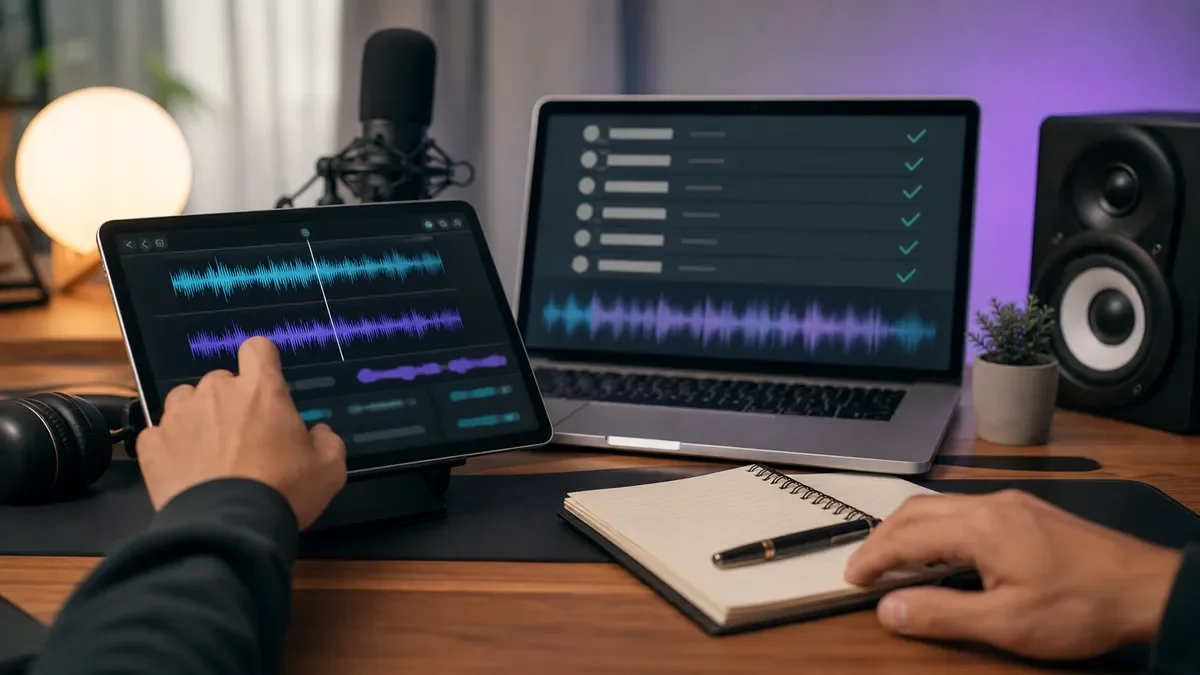 Creator reviewing AI voice changer audio takes on a tablet and laptop before publishing
