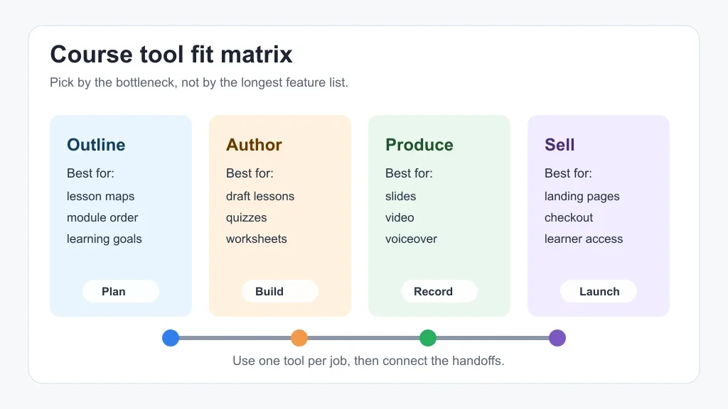 Course tool fit matrix showing outline, author, produce, and sell stages