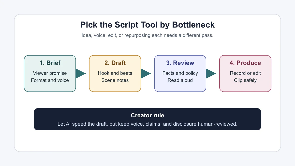 Workflow diagram showing how creators choose an AI scriptwriting tool by bottleneck