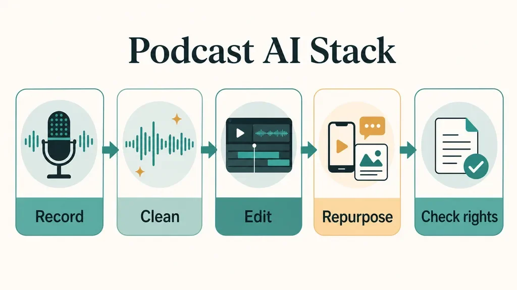 Podcast AI stack infographic showing record, clean, edit, repurpose, and rights check stages