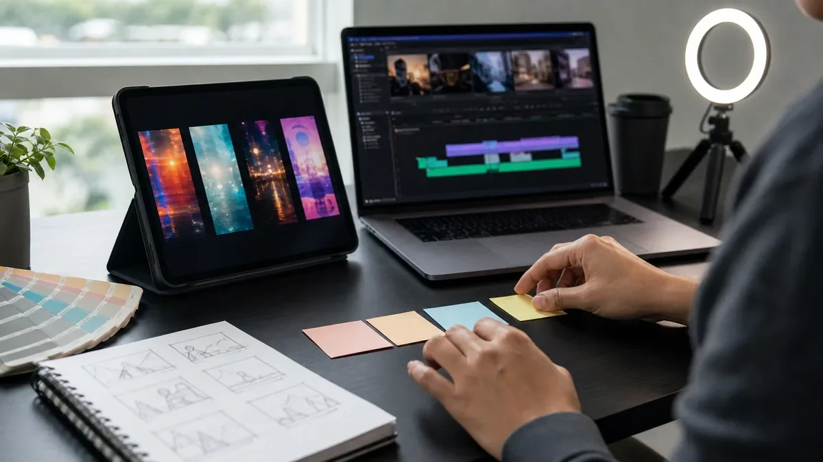Creator comparing vertical AI video drafts on a tablet and laptop before editing short-form clips