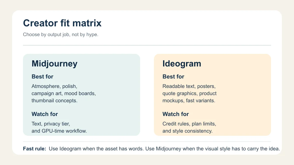 Creator fit matrix comparing Midjourney and Ideogram for visual style, text-heavy assets, and workflow risks