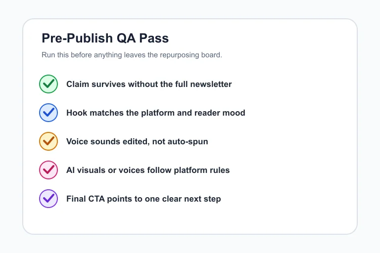 Checklist for reviewing AI-repurposed newsletter content before publishing