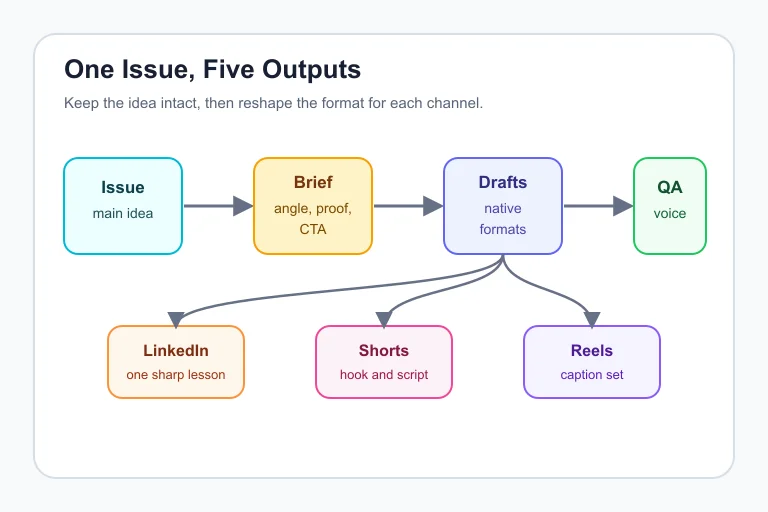 Flowchart showing one newsletter issue becoming platform-specific creator assets